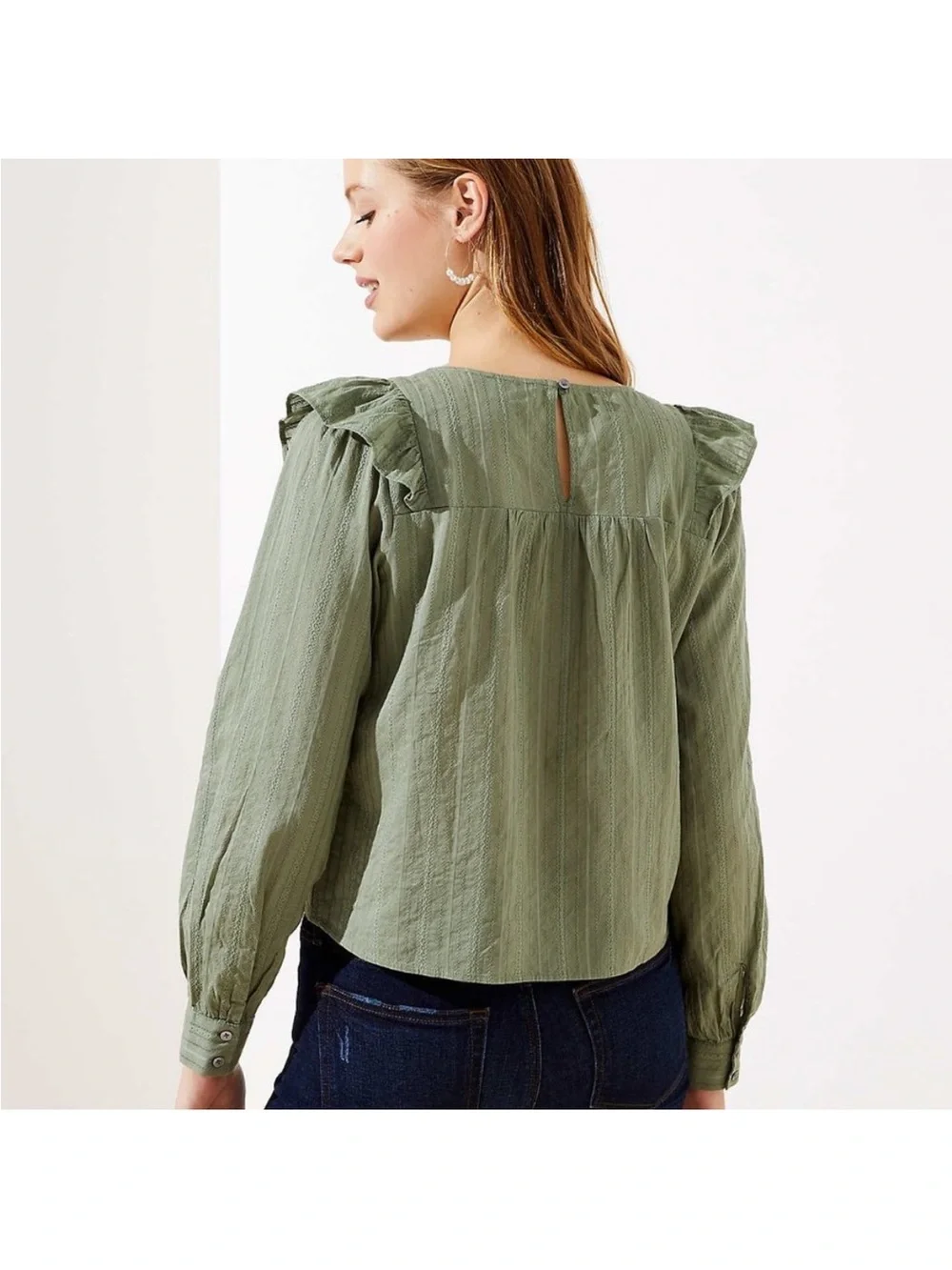 LOFT Ruffle Cropped Yoke Long-Sleeve Blouse in Sage Green SP